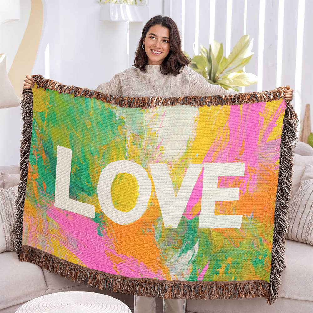 Love Abstract Woven Blanket, New Home Decor Gift, Anniversary & Housewarming Throw, Modern Artistic Blanket for Couples